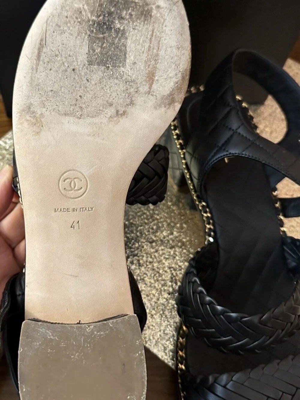 CHANEL Black Braided Leather Platform Sandals - Picture 4 of 5
